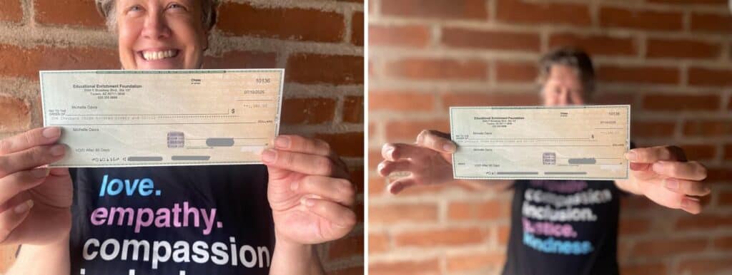 2 pictures of Ms Davis holding her grant check and smiling, against a backdrop of a brick wall.